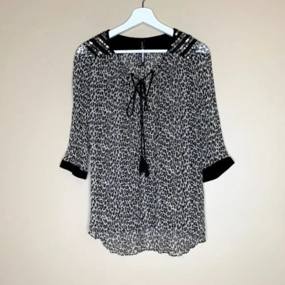 Plenty by Tracy Reese Leopard Print Crinkle Silky Peasant Blouse w/ Sequins - S - Picture 1 of 7
